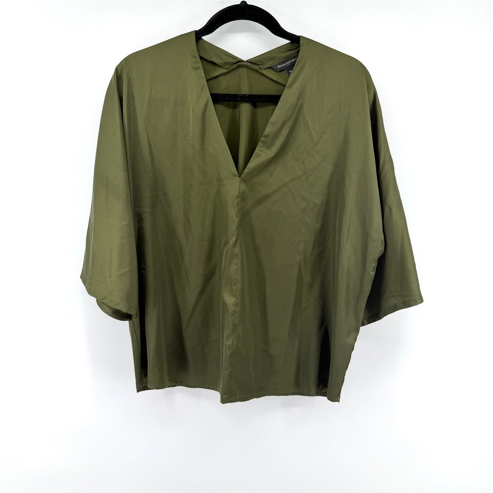 Banana Republic Blouse Satin V-Neck M Olive Green Womens Dolman Twist Back Top